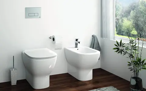 Bagno moderno con wc e bidet affiancati, un discreto muretto dietro nasconde lo scarico. Carta igienica e porta scopino completano l'arredo.