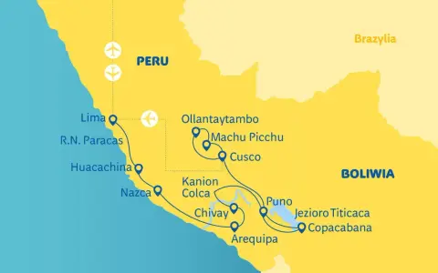 Mapa pokazuje, gdzie jest Peru, z zaznaczonymi miastami: Lima, Cusco, Machu Picchu, Puno i Jezioro Titicaca.