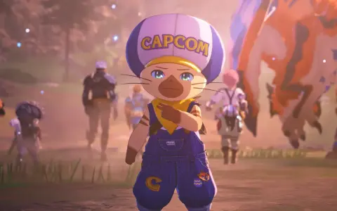 Un personaje felino con gorra de Capcom y overol azul, listo para la aventura en Monster Hunter Stories 3.
