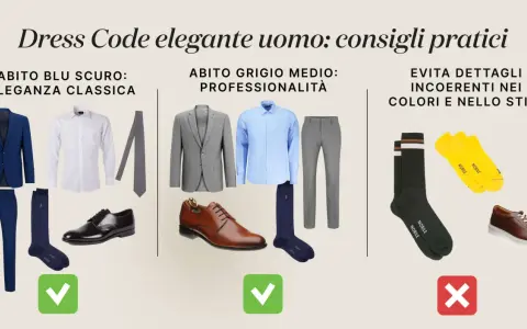 Consigli outfit uomo: abito blu scuro per eleganza classica, grigio medio per professionalità. Evita dettagli incoerenti.