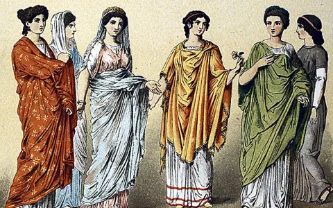 Sechs Frauen in farbenprächtiger Kleidung im alten Rom, von Rot bis Grün, mit kunstvollen Gewändern und Frisuren.