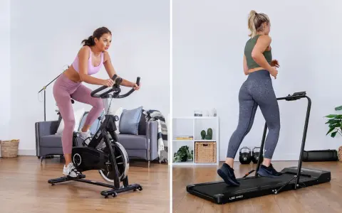 Left: Woman on a stationary bike. Right: Woman running on an incline treadmill.
