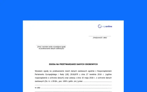 Formularz zgody na przetwarzanie danych osobowych, zgodny z klauzulą RODO. Pole na wpisanie imienia, nazwiska, miejscowości i daty.
