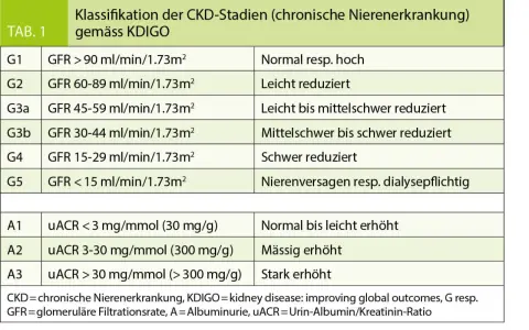 Tabelle zeigt CKD-Stadien nach KDIGO, basierend auf GFR-Werten (Nierenwerte Blut) und Albuminurie.