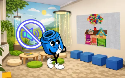 Postać z klocka uczy regulacji emocji u dzieci, pokazując znak ciszy. W tle mural z naturą i domkiem z koralików.