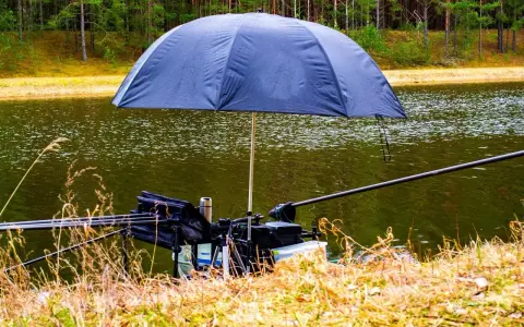 Parasol na ryby chroniący sprzęt wędkarski nad jeziorem.