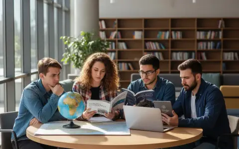 Studenci przy okrągłym stole z globusem i mapami. Zastanawiają się, jakie studia po maturze z geografii wybrać, analizując materiały.