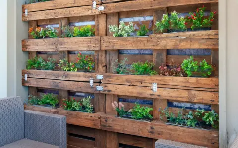Un **jardín vertical con palets** luce plantas verdes y rojas en un diseño rústico.