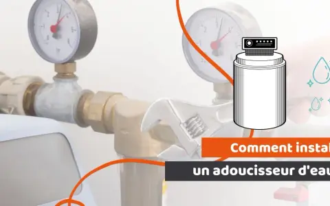 Schéma d'une installation adoucisseur d'eau avec manomètres, clé et gouttes d'eau.