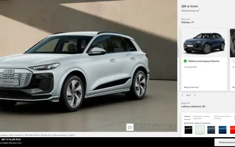 Audi Q6 e-tron cena: 387 510,00 PLN. Konfiguracja obejmuje pakiet promocyjny Exterior.