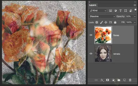 Capas de Photoshop con modo de fusión "Disolver" al 50% para fusionar un retrato con flores.