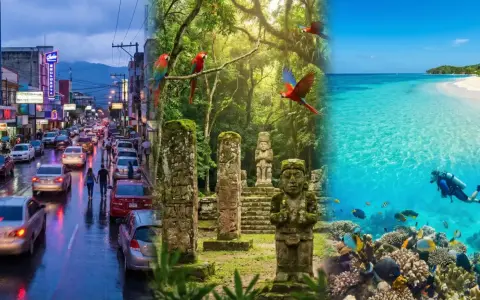 A vibrant collage showcasing the diverse beauty of gay Honduras: a bustling city street, ancient Mayan ruins with macaws, and a diver exploring a colorful coral reef.