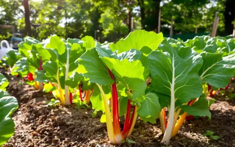 Rang de blettes de couleur aux tiges rouges et jaunes, baignées de soleil dans un potager.