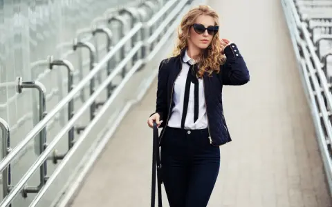 Eleganckie stylizacje z czarnymi spodniami: kobieta w ciemnej kurtce, białej koszuli z kokardą i okularach przeciwsłonecznych idzie po moście.