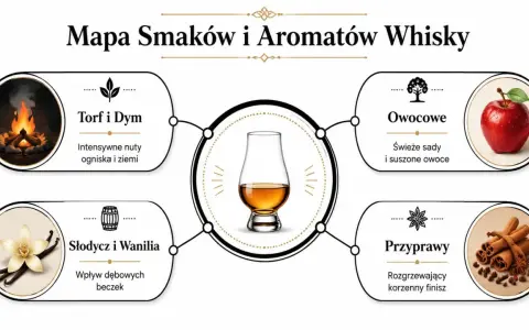 Mapa smaków whisky: torf i dym, słodycz i wanilia, owocowe, przyprawy. Odkryj, jak smakuje whisky, od nut dymnych po korzenne.