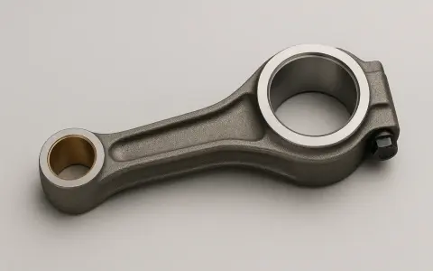 Una biela de motor de metal gris con un casquillo de bronce en un extremo y un perno en el otro.