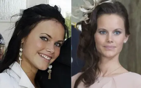 Sofia Hellqvist, före och efter Paradise Hotel. En bild visar henne ung och glad, den andra som en elegant prinsessa.