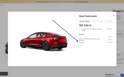 Czerwony Tesla Model 3, cena 195 240 zł. Opcje finansowania uwzględniają VAT, transport i Tesla Bonus.