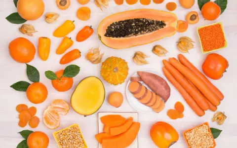 Różnorodne pomarańczowe owoce i warzywa: papaja, marchew, bataty, pomarańcze, morele, kaki, dynia, papryczki.