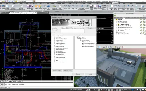Widok 3D z programu RVT viewer, pokazujący model budynku z instalacjami.