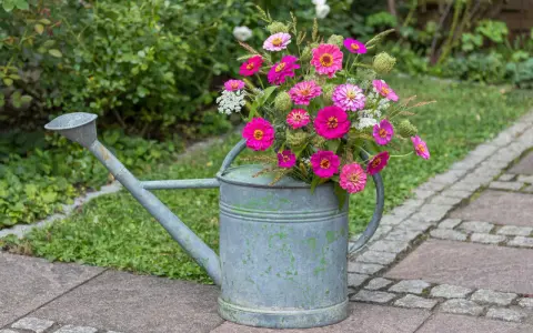 Ein Strauß bunter Zinnien in einer alten Gießkanne, die als dekorativer Blickfang dient. Der ideale Zinnien Standort ist sonnig.