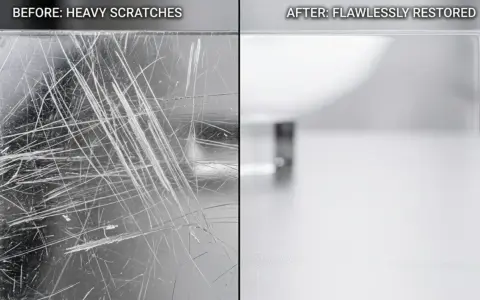 Before: heavily scratched polycarbonate. After: flawlessly restored. This shows that polycarbonate does scratch easily, but can be repaired.