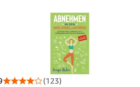 Buchcover: Abnehmen in den Wechseljahren. Tipps, um den Stoffwechsel ankurbeln, Fett verbrennen und gesund abnehmen. Mit Yoga-Figur und Icons.