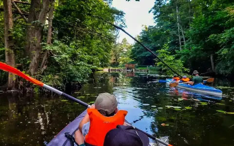 Rodzina płynie kajakiem po malowniczym Pojezierzu Brodnickim, otoczona bujną zielenią.