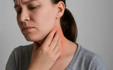 Donna con mano sul collo arrossato, prova dolore alla pelle che fa male sfiorandola.