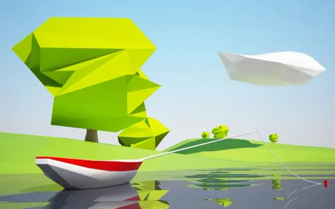 Łódka z czerwonym pasem na wodzie, w tle stylizowane drzewa i chmura w stylu low poly.