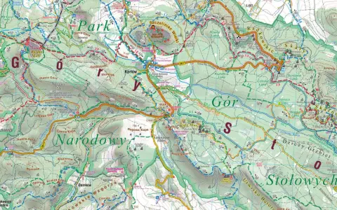Gdzie są Góry Stołowe? Mapa turystyczna pokazuje szlaki, punkty widokowe i atrakcje Parku Narodowego Gór Stołowych.