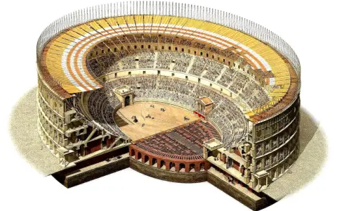 Sezione del Colosseo con spettatori e gladiatori, mostra quanto è grande il Colosseo e la sua struttura interna.