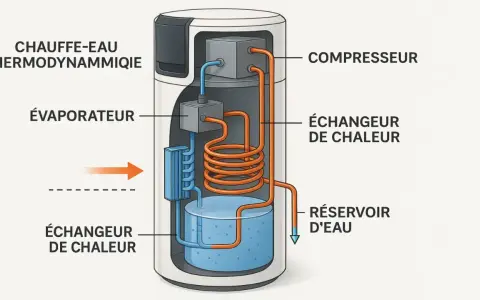 Schéma d'un chauffe-eau thermodynamique : évaporateur, compresseur, échangeur de chaleur et réservoir d'eau.