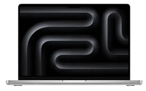 Srebrny laptop z ekranem wyświetlającym abstrakcyjny, ciemny wzór przypominający labirynt. To nowy model z procesorem Apple M3.