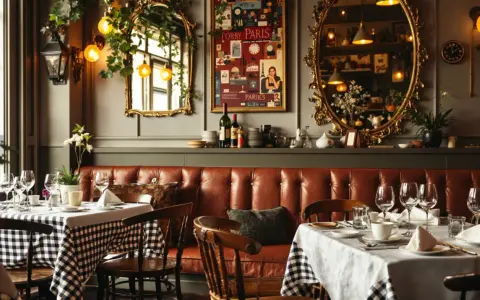 Ambiance chaleureuse d'un déco bistrot parisien avec banquette en cuir, tables dressées et miroirs dorés.
