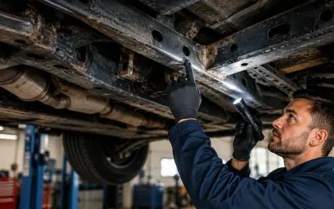 Meccanico esamina il sottoscocca di un'auto, illuminando con una torcia per verificare la conformità all'art. 74 CDS.