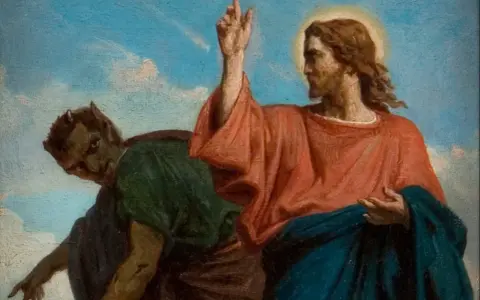 Jesus in the desert, with a devil tempting him from the shadows.