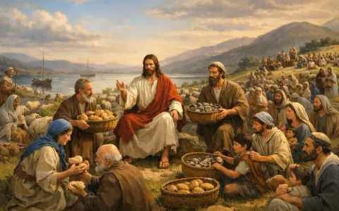 Jezus dokonuje rozmnożenia chleba i ryb dla tłumu. Ludzie siedzą na wzgórzu, a przed nimi kosze pełne jedzenia.