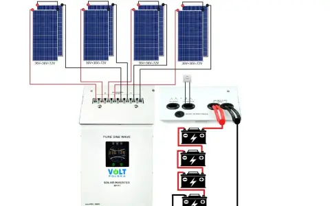 Schemat instalacji off-grid: panele słoneczne, regulator ładowania, falownik Volt Polska i akumulatory.