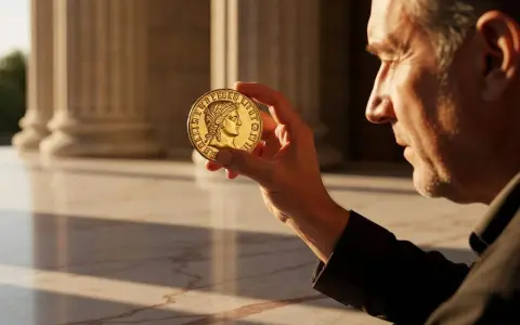 Un homme examine une pièce dorée de 10 centimes Marianne, avec des colonnes en arrière-plan.