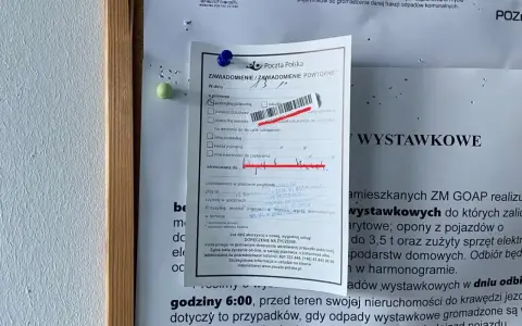 Awizo jak liczyć termin: powtórne zawiadomienie z Poczty Polskiej, z zaznaczonymi polami do wypełnienia i informacją o odbiorze przesyłki.