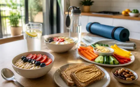 Petit-déjeuner sain pour le sport d'endurance : porridge aux fruits, toasts au beurre de cacahuète, légumes et fruits secs.