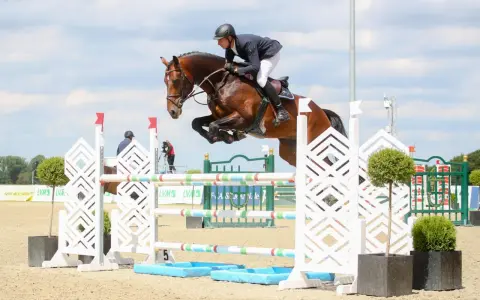 Un cavalier et son cheval, un étalon kannan, franchissent un obstacle lors d'une compétition d'équitation.