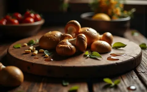 Surowe pieczarki na pizze, czosnek i listki mięty na drewnianej desce. W tle miska z pomidorkami.