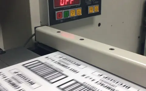 Máquina de impresión offset digital procesando etiquetas con códigos de barras.