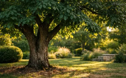 Gros tronc d'un noyer mature dans un jardin ensoleillé. Idéal pour apprendre comment planter un noyer et voir le résultat.