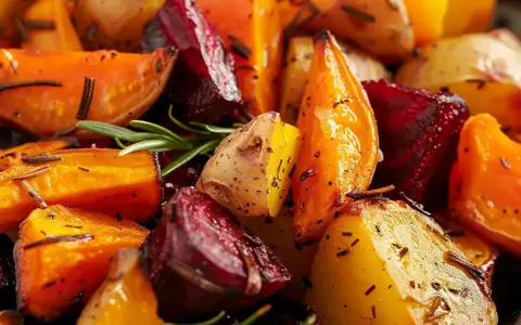 Ugnsrostade rotfrukter med rosmarin, en färgsprakande och smakrik blandning av morötter, rödbetor och potatis.