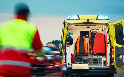 Ratownictwo medyczne w akcji. Ratownik w kamizelce odblaskowej transportuje pacjenta do karetki.