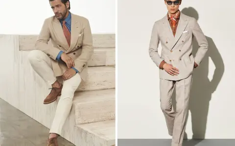 Uomo elegante in completo beige, perfetto come vestito matrimonio uomo ospite. Stile raffinato per un evento speciale.