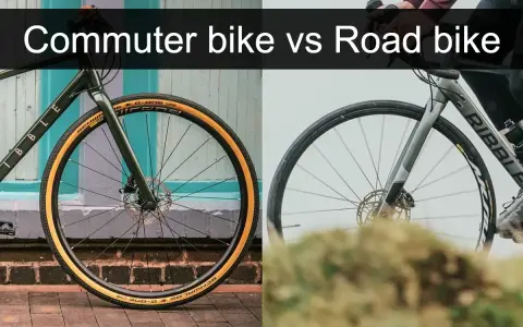 Split image shows a commuter bike with tan tires on the left and a road bike with slick tires on the right, highlighting their differences.